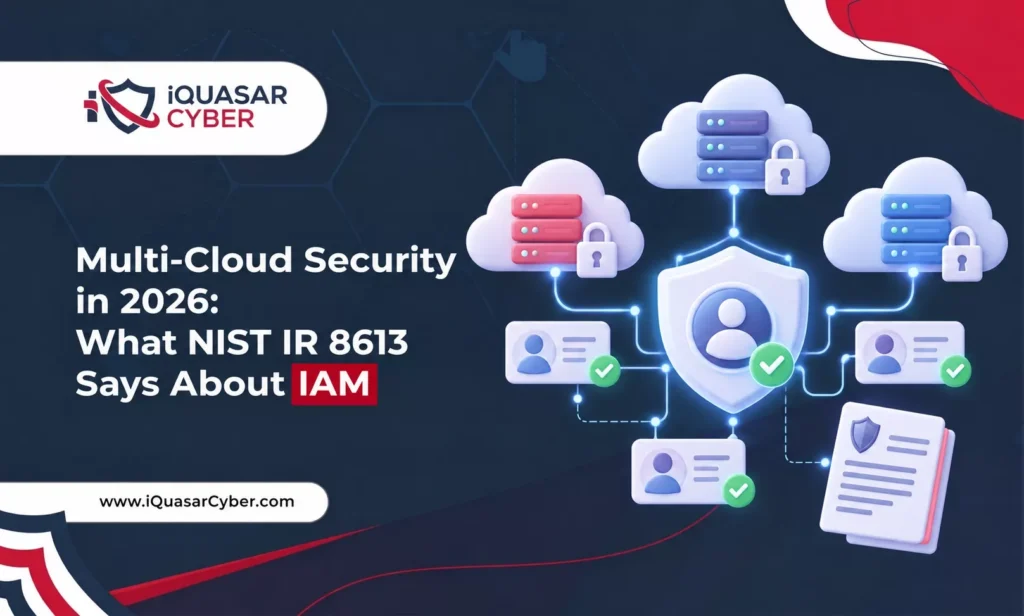 Multi-cloud security diagram showing three locked cloud servers connected to a central identity shield with verified user credentials
